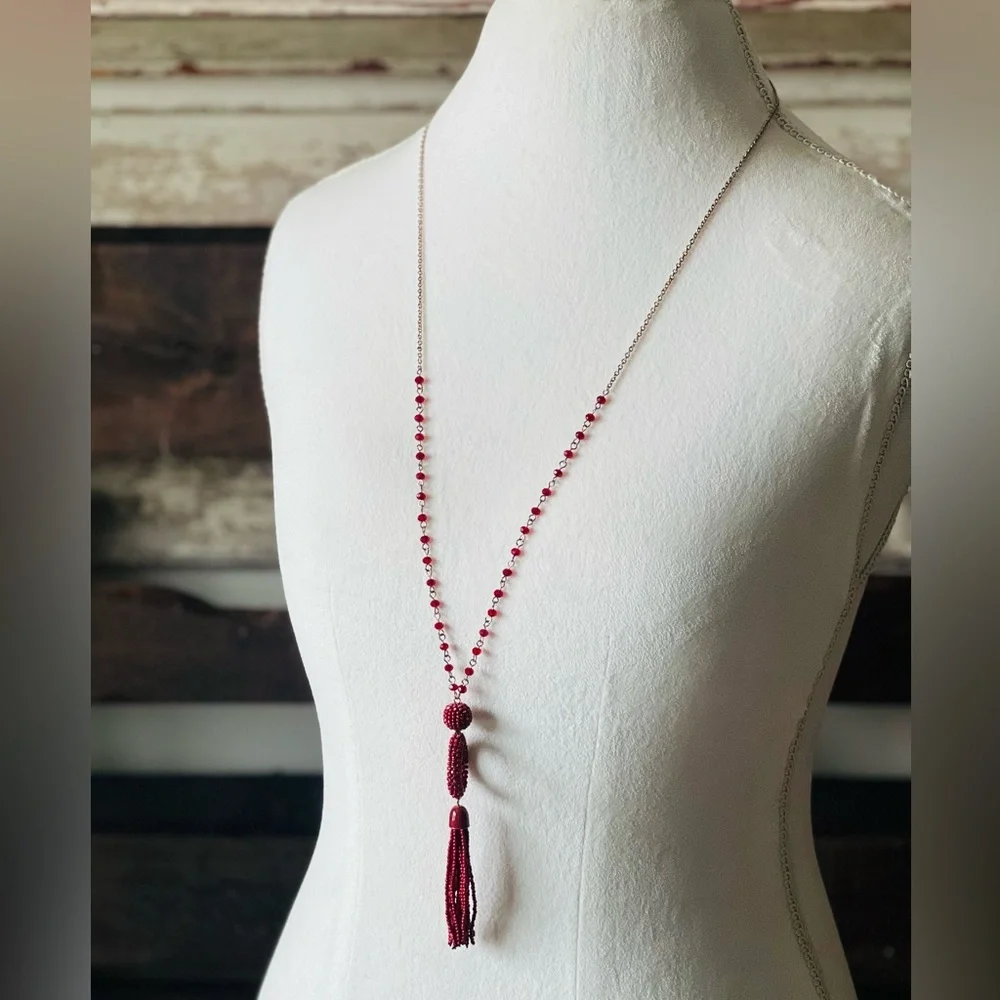 NEW! Long Gold Necklace with Red Beads and Tassel 40”